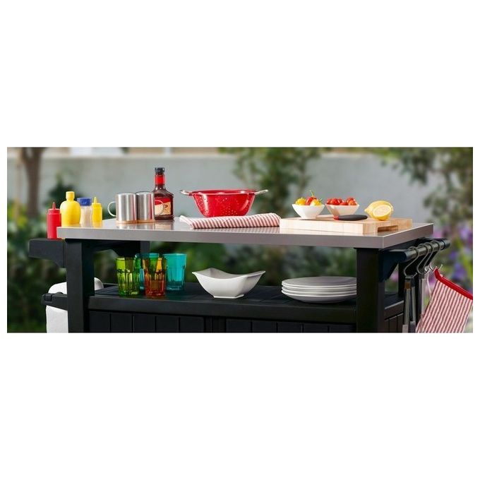 Keter tavolino in resina per BBQ con due ruote e due ante 123,70x54x90h UNITY XL grafite