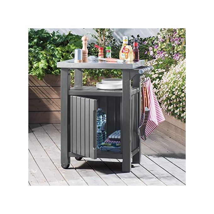Keter tavolino in resina per BBQ con due ruote e un'anta 70x54x90h UNITY grafite