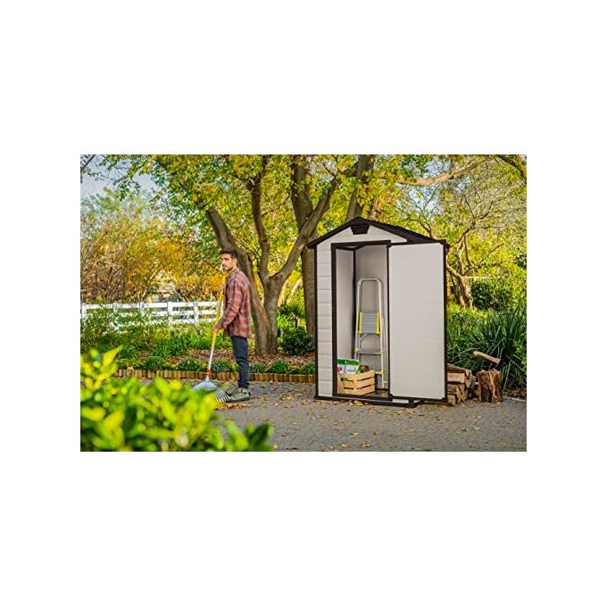 Keter K240024 Manor 4x3 Casetta da Giardino in Resina Porta Singola Tetto a Due Falde Pavimento Incluso Lucchettabile colore Beige