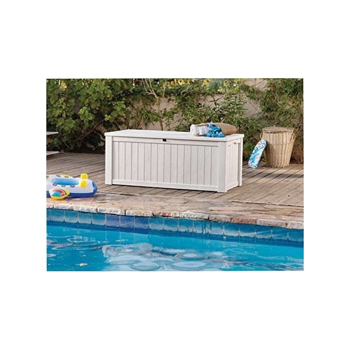 Keter Baule Box Portattrezzi da Esterno XL Rockwood Bianco con Capacita' di Stoccaggio di 570 Litri e Design in Effetto Legno