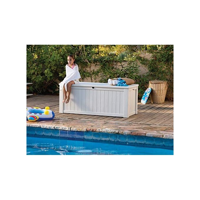 Keter Baule Box Portattrezzi da Esterno XL Rockwood Bianco con Capacita' di Stoccaggio di 570 Litri e Design in Effetto Legno