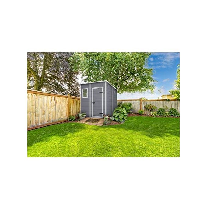 Keter 245104 Manor Pent Casetta da Giardino in Resina Tetto a Una Falda Pavimento Incluso 183,5x185x200 cm colore Grigio