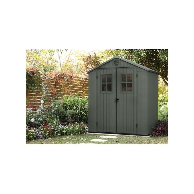 Keter 256879 Darwin 6x4 Casetta da Giardino in Resina 190x122x221 cm con Pavimento Finestre e Doppia Porta colore Verde