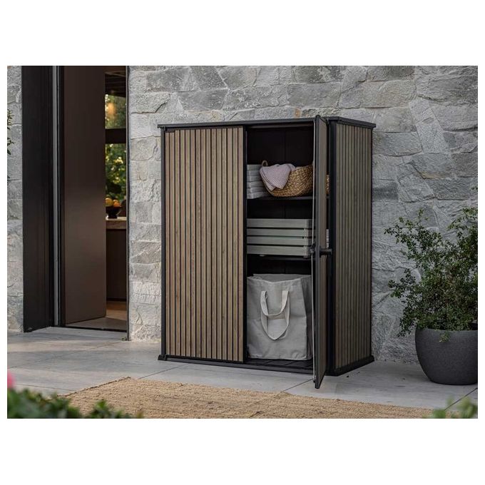 Keter 259078 Signature Venetian Armadio Portaattrezzi da Esterno 1400 L 140x73,6x170,4 cm Resina Effetto Legno Doghe colore Marrone