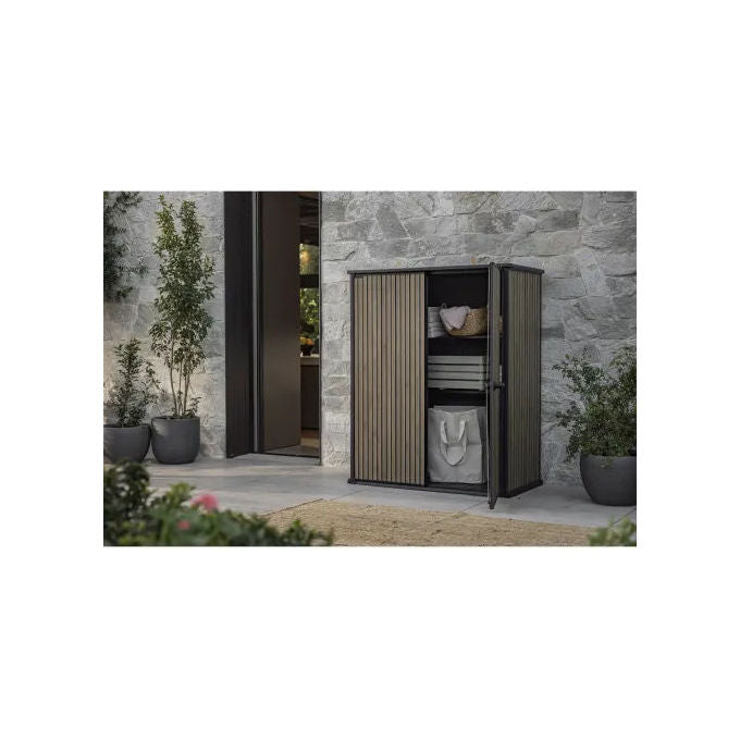 Keter 259078 Signature Venetian Armadio Portaattrezzi da Esterno 1400 L 140x73,6x170,4 cm Resina Effetto Legno Doghe colore Marrone