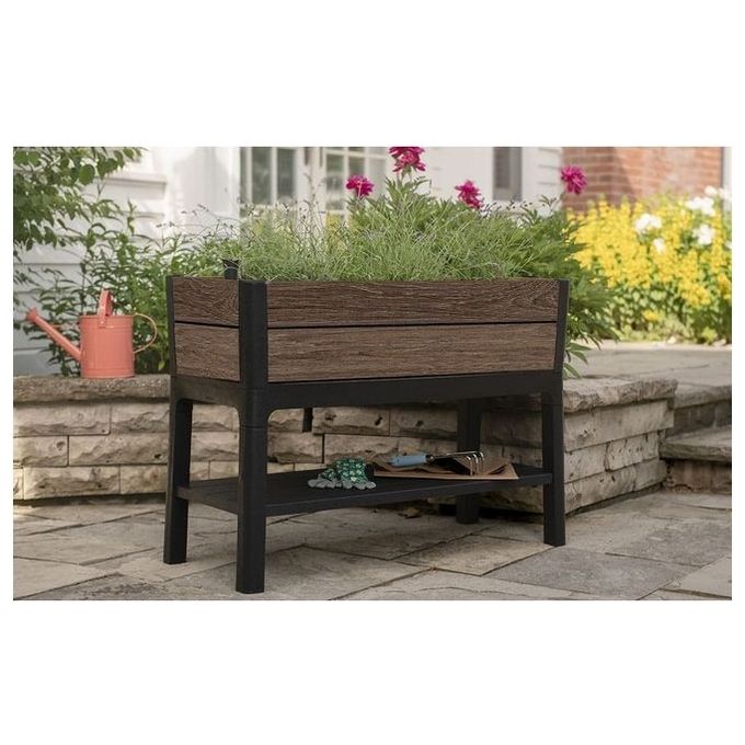 Keter 261334 Deco Orto Rialzato Fioriera da Esterno 120L con Riserva d'Acqua e Ripiano Integrato colore Marrone