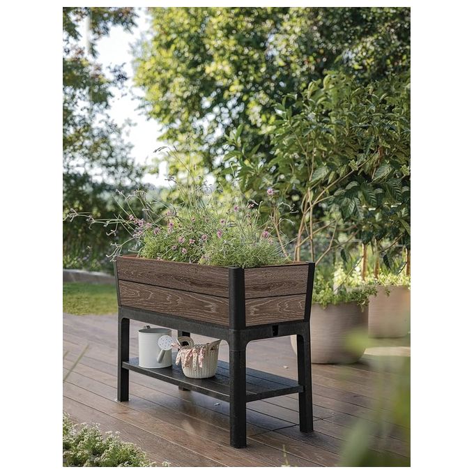Keter 261334 Deco Orto Rialzato Fioriera da Esterno 120L con Riserva d'Acqua e Ripiano Integrato colore Marrone