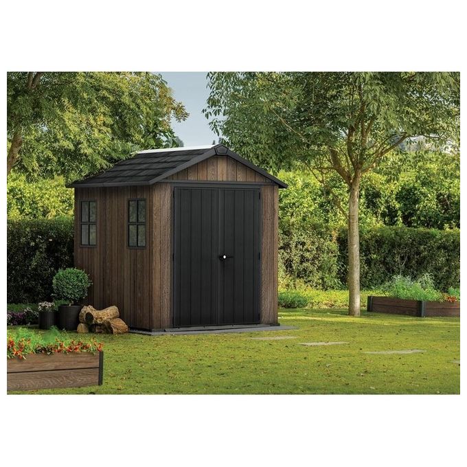 Keter 263096 Signature Apex Casetta da Giardino 4 m² Doppia Falda Resina Effetto Legno Porte e Finestre Orientabili 230x223,8x246 cm colore Noce