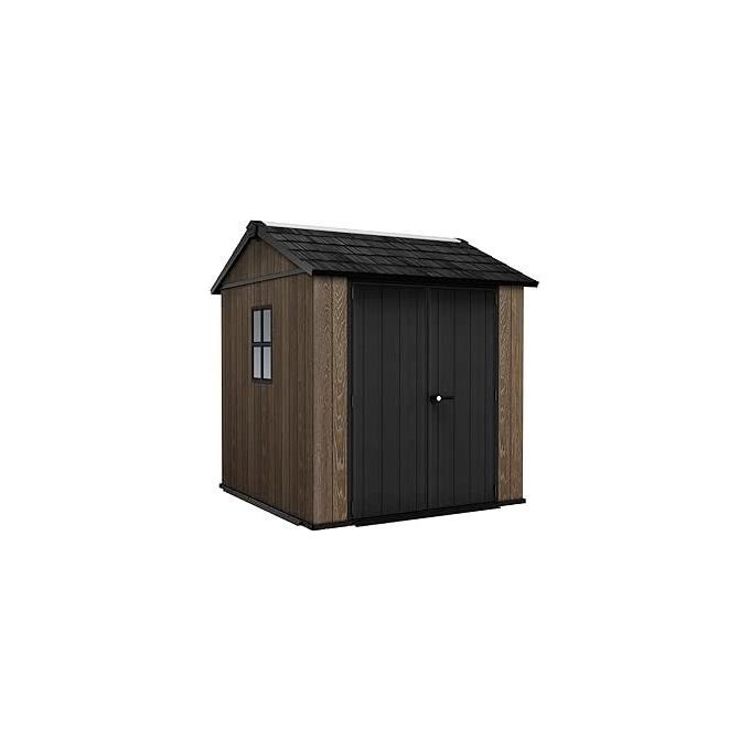 Keter 263096 Signature Apex Casetta da Giardino 4 m² Doppia Falda Resina Effetto Legno Porte e Finestre Orientabili 230x223,8x246 cm colore Noce