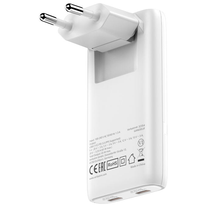 Verbatim 32355 Caricabatterie USB-C 65W GaN Power Delivery 3.0 2 Porte Colore Bianco