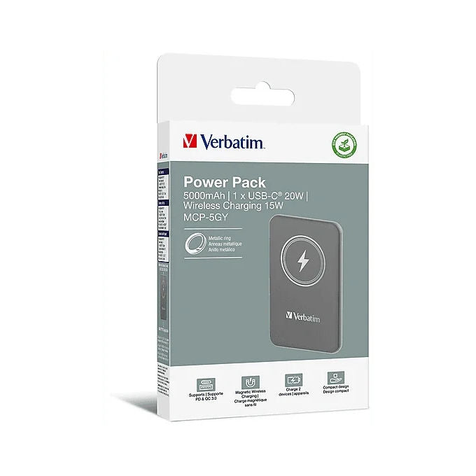 Verbatim 3595785 Charge 'n' Go Powerbank 5000 mAh 20W Ricarica Wireless MagSafe 2 Cavi USB-C Integrati colore Grigio