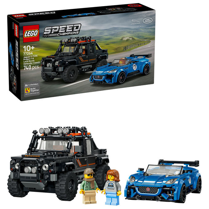 Lego 77264 Speed Champions Set Giocattolo con Jaguar Project 7 e Land Rover Defender 740 Pezzi 2 Minifigure colore Multicolore