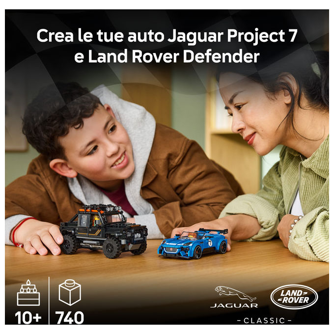 Lego 77264 Speed Champions Set Giocattolo con Jaguar Project 7 e Land Rover Defender 740 Pezzi 2 Minifigure colore Multicolore