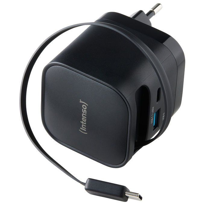 Intenso 7806520 Power Adapter W65ACIC Caricatore USB-C GaN 65 W con cavo estraibile USB-C e USB-A PD PPS QC 4.0 colore Nero