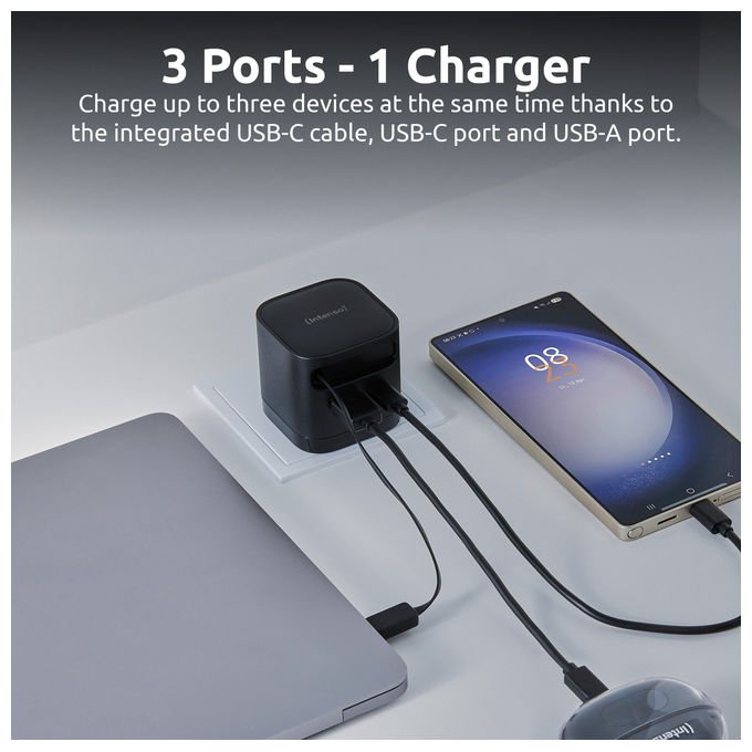 Intenso 7806520 Power Adapter W65ACIC Caricatore USB-C GaN 65 W con cavo estraibile USB-C e USB-A PD PPS QC 4.0 colore Nero