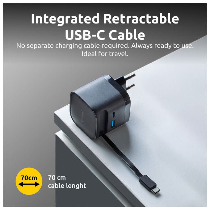 Intenso 7806520 Power Adapter W65ACIC Caricatore USB-C GaN 65 W con cavo estraibile USB-C e USB-A PD PPS QC 4.0 colore Nero