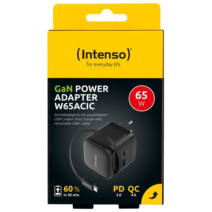 Intenso 7806520 Power Adapter W65ACIC Caricatore USB-C GaN 65 W con cavo estraibile USB-C e USB-A PD PPS QC 4.0 colore Nero
