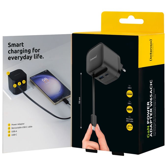 Intenso 7806520 Power Adapter W65ACIC Caricatore USB-C GaN 65 W con cavo estraibile USB-C e USB-A PD PPS QC 4.0 colore Nero