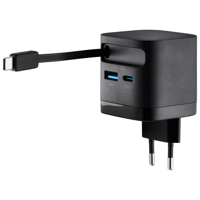 Intenso 7806520 Power Adapter W65ACIC Caricatore USB-C GaN 65 W con cavo estraibile USB-C e USB-A PD PPS QC 4.0 colore Nero