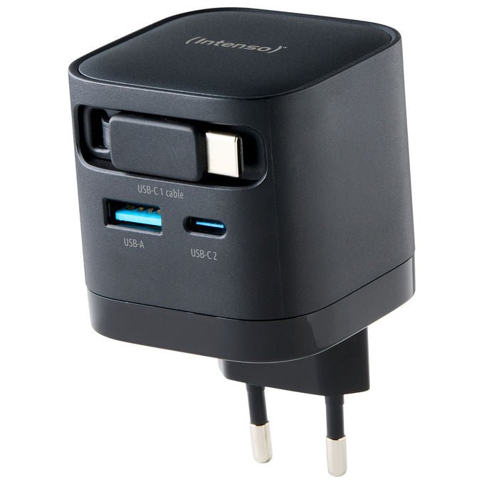 Intenso 7806520 Power Adapter W65ACIC Caricatore USB-C GaN 65 W con cavo estraibile USB-C e USB-A PD PPS QC 4.0 colore Nero