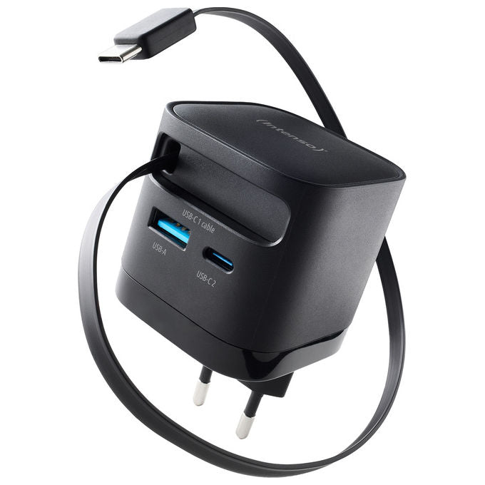 Intenso 7806520 Power Adapter W65ACIC Caricatore USB-C GaN 65 W con cavo estraibile USB-C e USB-A PD PPS QC 4.0 colore Nero