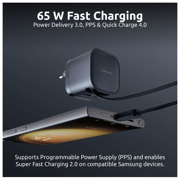 Intenso 7806520 Power Adapter W65ACIC Caricatore USB-C GaN 65 W con cavo estraibile USB-C e USB-A PD PPS QC 4.0 colore Nero
