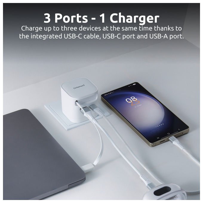 Intenso 7806522 Power Adapter W65ACIC Caricatore USB-C GaN 65 W con Cavo Estraibile USB-C e USB-A colore Bianco