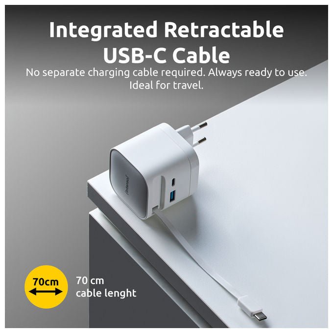 Intenso 7806522 Power Adapter W65ACIC Caricatore USB-C GaN 65 W con Cavo Estraibile USB-C e USB-A colore Bianco