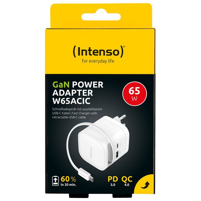 Intenso 7806522 Power Adapter W65ACIC Caricatore USB-C GaN 65 W con Cavo Estraibile USB-C e USB-A colore Bianco