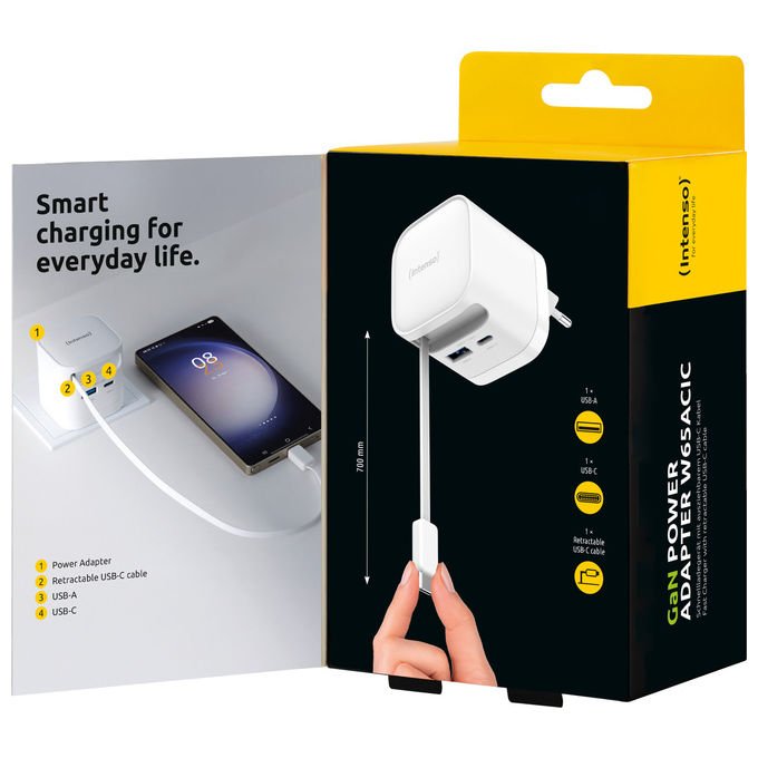 Intenso 7806522 Power Adapter W65ACIC Caricatore USB-C GaN 65 W con Cavo Estraibile USB-C e USB-A colore Bianco