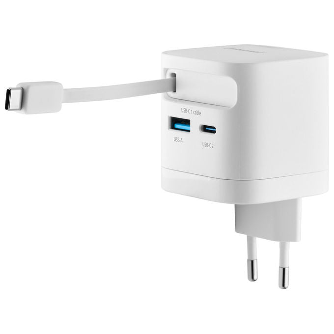Intenso 7806522 Power Adapter W65ACIC Caricatore USB-C GaN 65 W con Cavo Estraibile USB-C e USB-A colore Bianco