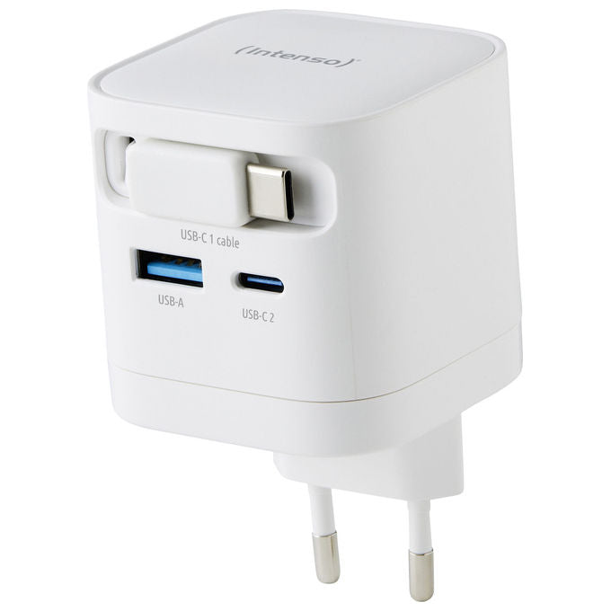 Intenso 7806522 Power Adapter W65ACIC Caricatore USB-C GaN 65 W con Cavo Estraibile USB-C e USB-A colore Bianco