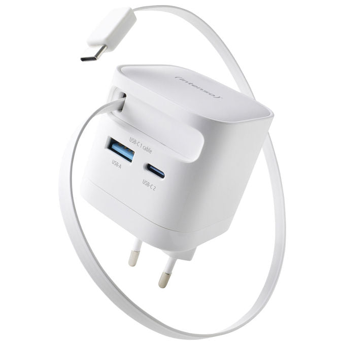 Intenso 7806522 Power Adapter W65ACIC Caricatore USB-C GaN 65 W con Cavo Estraibile USB-C e USB-A colore Bianco