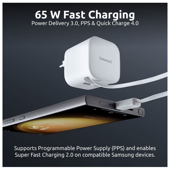 Intenso 7806522 Power Adapter W65ACIC Caricatore USB-C GaN 65 W con Cavo Estraibile USB-C e USB-A colore Bianco