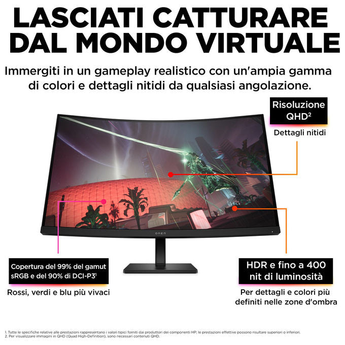 HP 780K6E9#ABB OMEN Monitor Curvo 32'' QHD 165Hz 1ms HDR400 AMD FreeSync USB-C HDMI DisplayPort colore Nero
