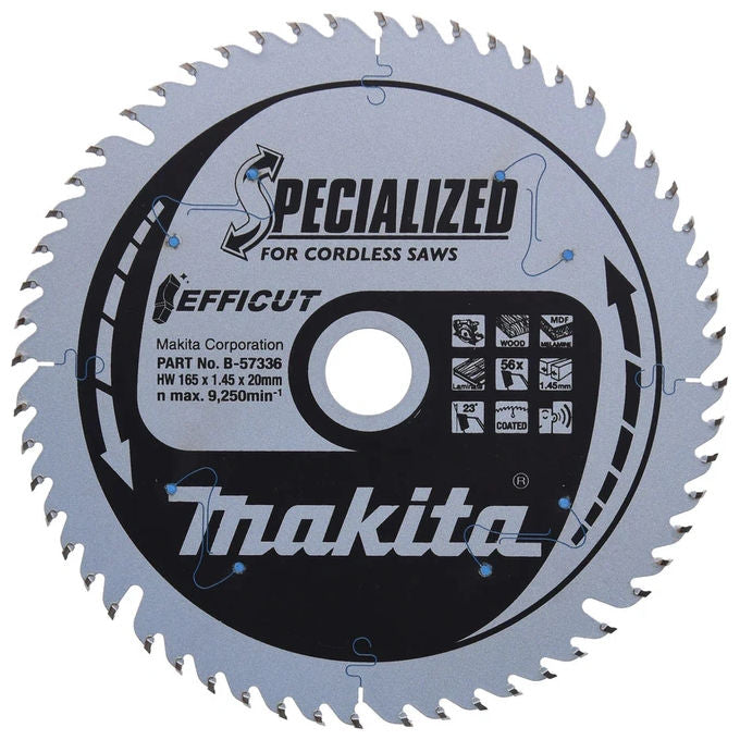 Makita B-57336-2 Lama circolare EFFICUT 165 mm 56 denti spessore 1,45 mm foro 20 mm angolo 23° colore Nero