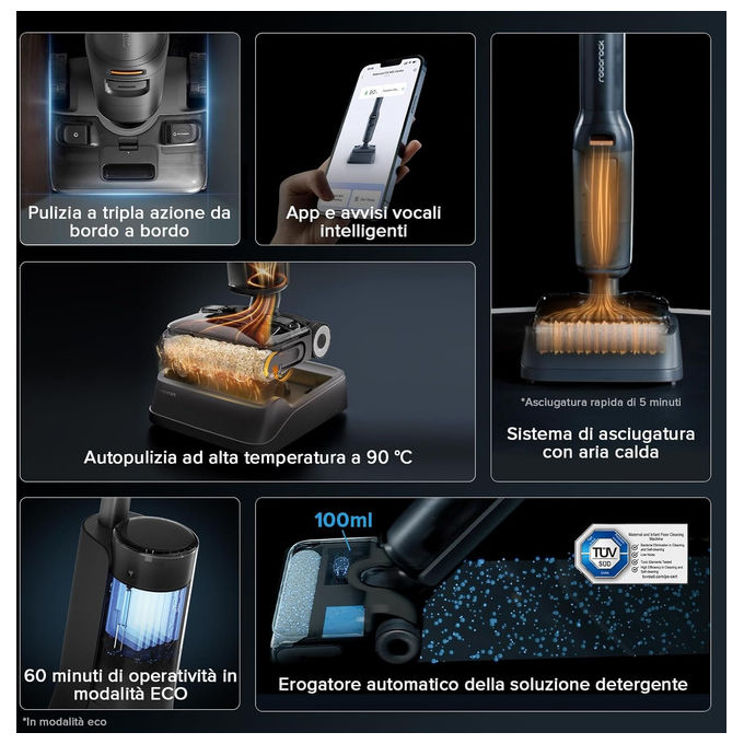 Roborock WD5M6A512-00 F25 ACE Combo Aspirapolvere Senza Fili e Lavapavimenti 5 in 1 Potenza 25000 Pa Autonomia 60 min Rumorosita' 73 dB colore Nero
