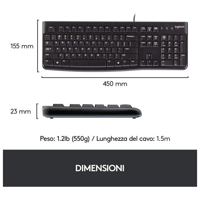 Logitech K120 Tastiera USB Cablata Full-size QWERTY Italiano Nero per Windows-Linux