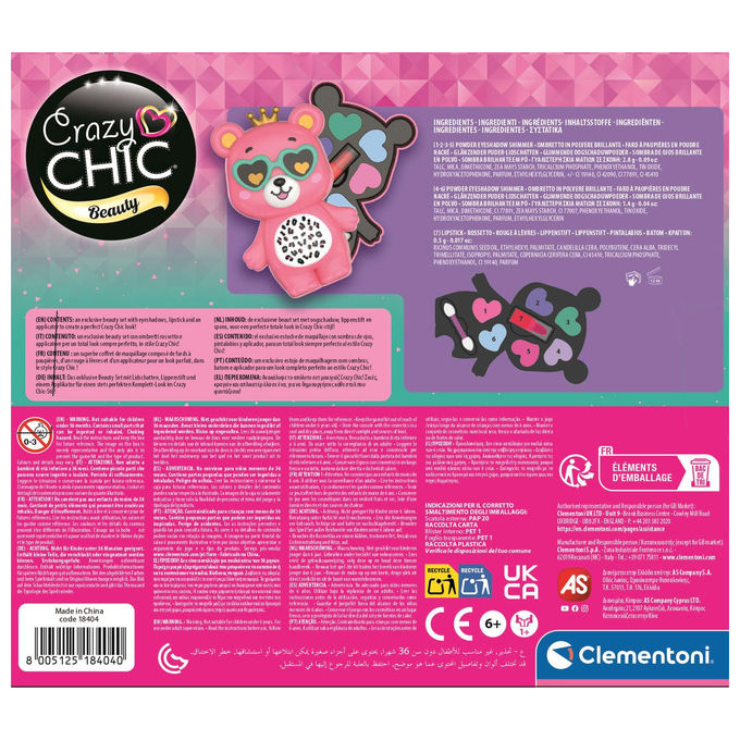 Clementoni 18404 Crazy Chic Trousse Make-Up con Palette di Ombretti e Rossetto Forma di Orsetto colore Rosa