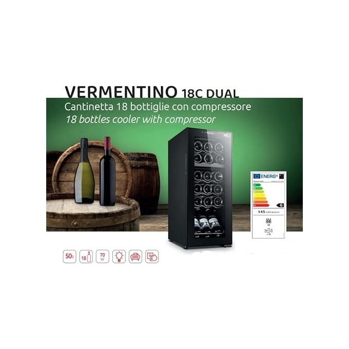 Melchioni Vermentino 18C Dua Cantinetta Vini con compressore 18 Bottiglie Classe energetica G Ripiani cromati 6 50 Litri Temperatura 5-18°C 48 cm Nero