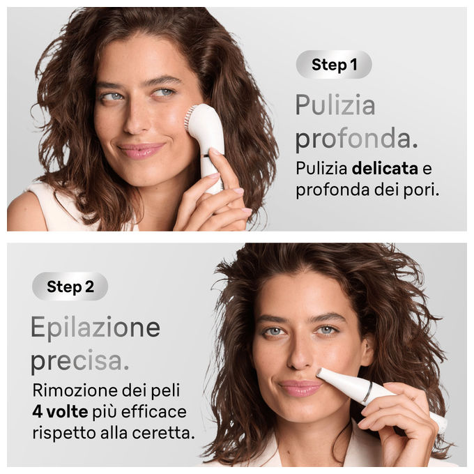 Braun 8006530193658 FaceSpa Epilatore e Spazzola per Pulizia 100% Impermeabile con Accessori per Viso Bianco Argento