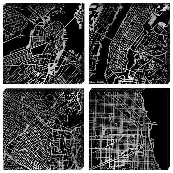 Set 4 Canvas Map in Mdf 30X30 cm Bianco e Nero