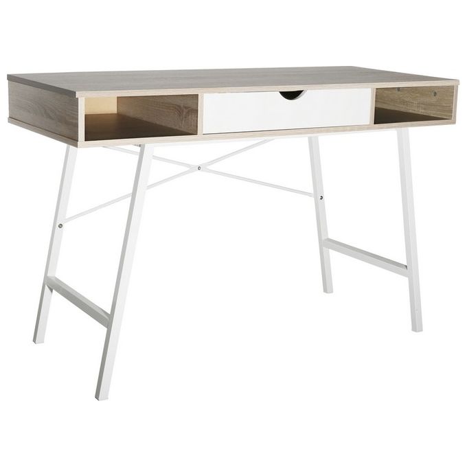 Scrivania Gisele con Piano in Mdf Naturale e Gambe e Cassetto Bianco 120x48cm-H76cm