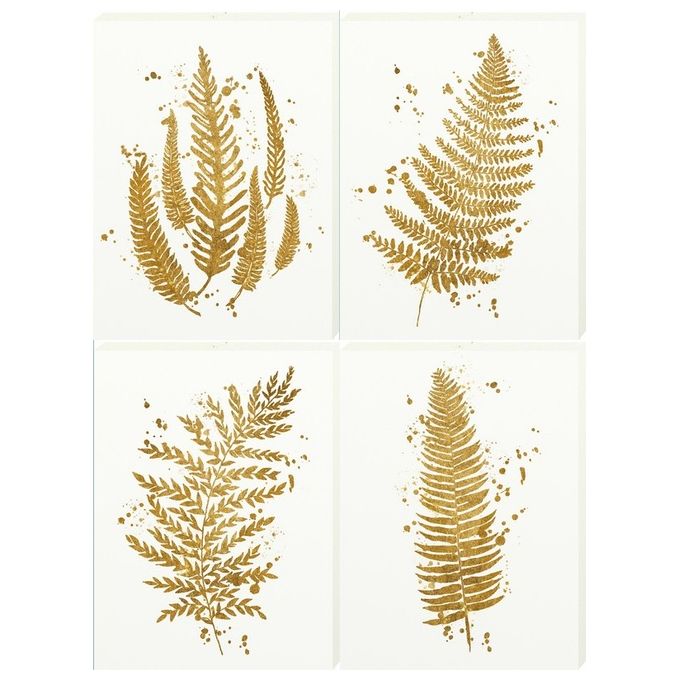 Set 4 Canvas Gold Leaves in Mdf 30X40 cm Bianco e Oro