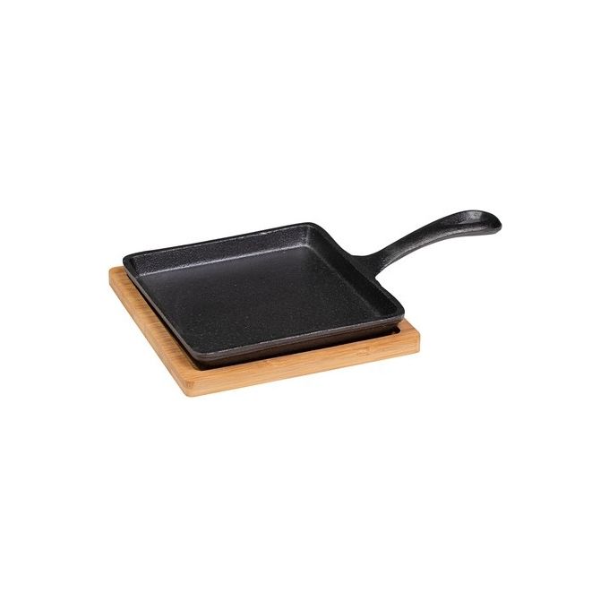 Tapas Set Padella Quadrata 14Cm in Ghisa con Supporto in Bamboo