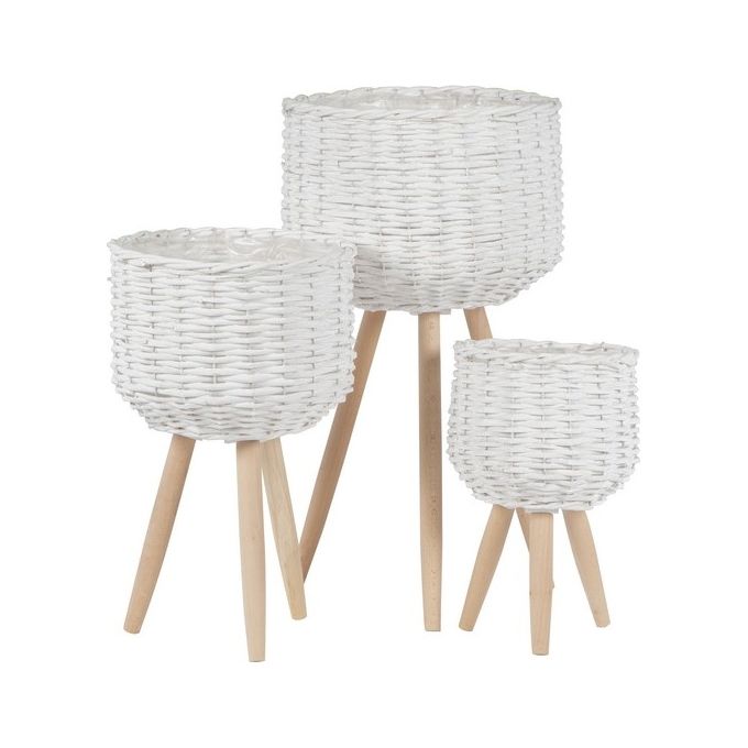 Set 3 Portavasi in Vimini Bianco con Gambe in Legno Naturale