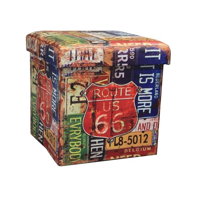 Pouf Contenitore in Similpelle 36x36cm-H36cm con Decoro Route 66