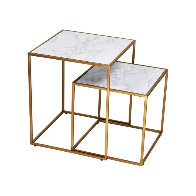 Set 2 Tavolini Marika in Mdf-Metallo 40x40cm-H48cm Bianco-Oro