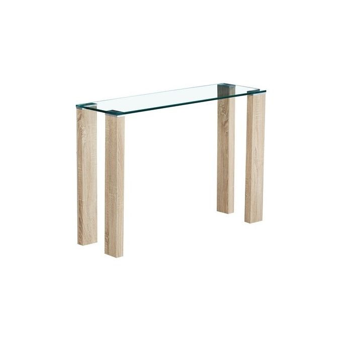 Tavolo Consolle Adeline con Piano in Vetro Temperato Trasparente e Gambe in Mdf Naturale 110x35cm-H78cm