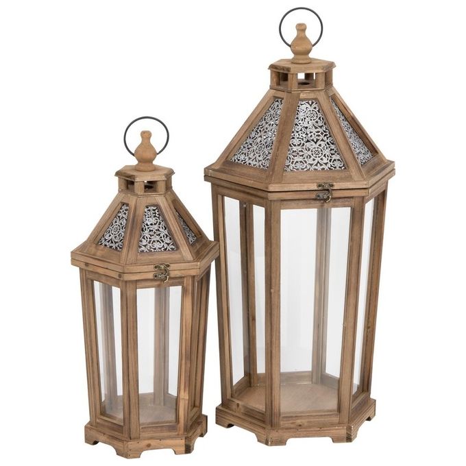 Set 2 Lanterne Adeline con Struttura in Legno e Tetto in Metallo Naturale e Grigio